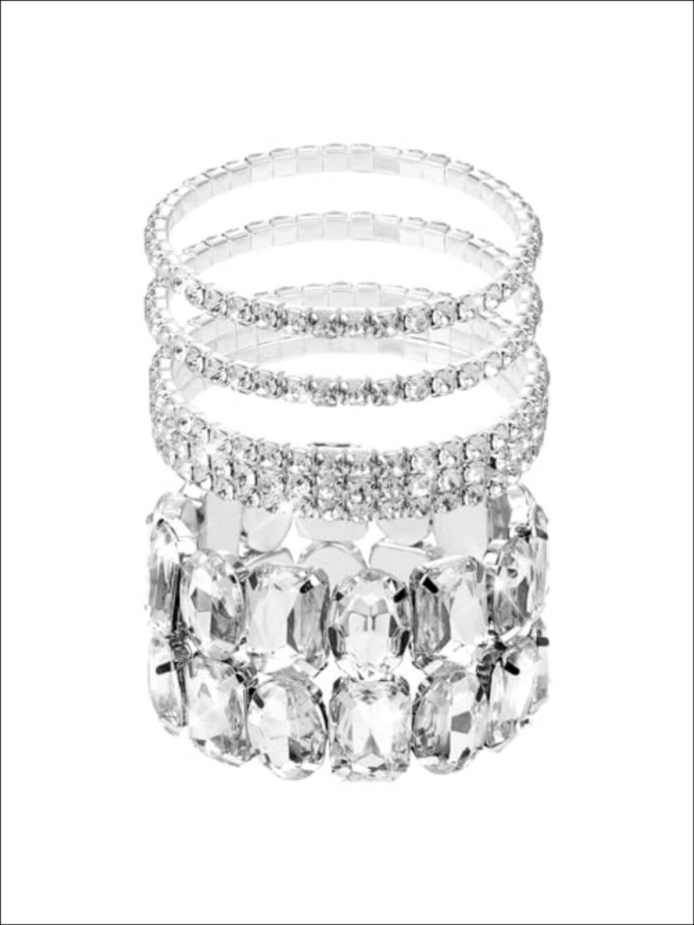 Stretch Bracelet Set Silver-Toned Metal Rhinestone Stackable 4 Pc